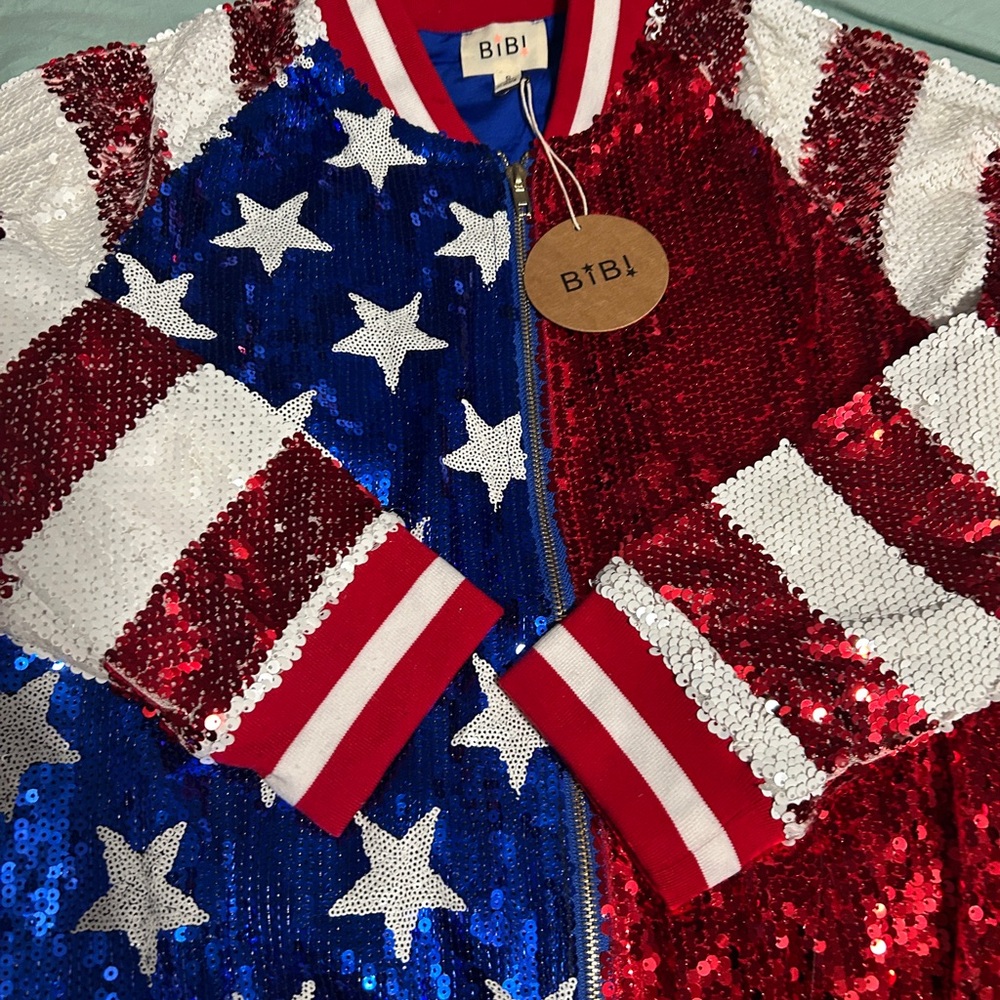 BiBi US Flag Theme Color Block Sequin Bomber Jacket - Picture 12 of 14